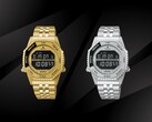 Les modèles Seiko Rotocall HFL003P en or et HFL002P en acier inoxydable, présentés côte à côte sur un fond noir, sont tous deux dotés d'un écran LCD en négatif, d'une lunette tournante et d'un bracelet intégré en acier inoxydable.