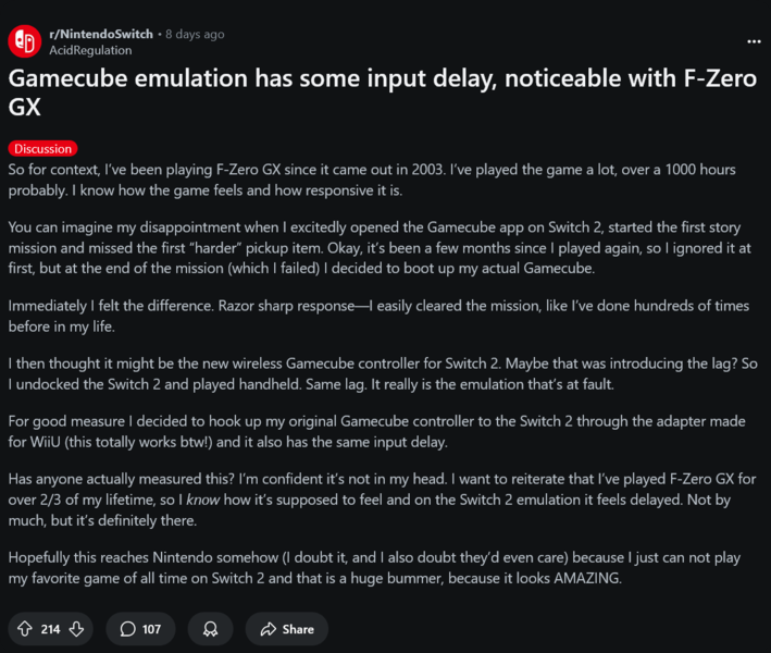 Plaintes concernant l'émulateur GameCube de la Switch 2 (Source de l'image : capture d'écran, Nintendo Switch subreddit)