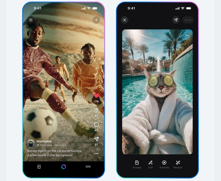Flux vidéo Meta Vibes AI montrant un match de football généré par l'IA sur Europa et un selfie de chat en robe de chambre au bord d'une piscine (Source de l'image : Meta)