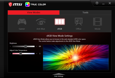 MSI True Color. Le paramètre sRGB n'est pas totalement fiable et l'écran n'est pas calibré en usine