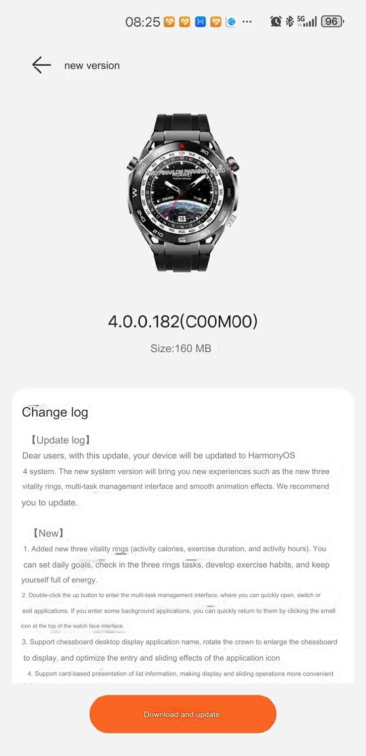Une partie du journal des modifications de la version 4.0.0.182 (C00M00) du logiciel de la Huawei Watch Ultimate. (Source de l'image : Huawei Central via Google Translate)