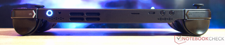 En haut : prise casque de 3,5 mm ; USB Type-C 4.0 (DisplayPort et Power Delivery) ; lecteur de carte microSD