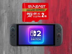 Carte MicroSD Express Suneast de 2 To montrée au-dessus de la Switch 2