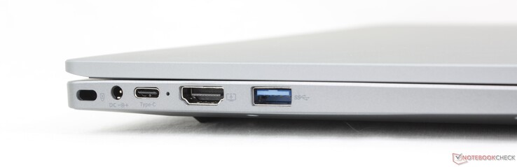 À gauche : verrou Kensington, adaptateur secteur, USB-C avec DisplayPort + Power Delivery, HDMI 1.4, USB-A 3.0