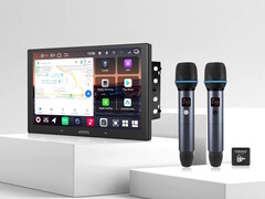L&#039;unité principale Atoto V10 double DIN avec le kit de microphone sans fil AC-MICW2 en option fait entrer le karaoké dans les voitures. (Source de l&#039;image : Atoto)