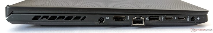 Côté gauche : Prise d'alimentation, sortie HDMI 2.0b, port Gigabit Ethernet, un port USB-A 3.2 Gen 2, un port Thunderbolt 4, un port USB-C 3.2 Gen 2 (avec prise en charge de DP 1.4 et PD 3.0), combinaison de prise casque/microphone 3,5 mm