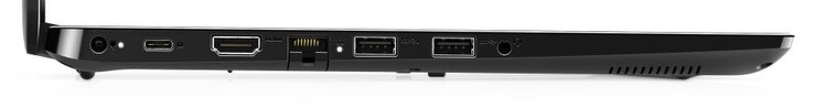 Côté gauche : entrée secteur, USB C 3.2 Gen 1, HDMI, Ethernet gigabit, 2 USB A 3.2 Gen 1, jack 3,5 mm.