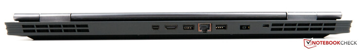 A l'arrière : grille de ventilateur, Mini DisplayPort 1.4a, HDMI 2.0, USB 3.1 Gen 2, RJ45, USB 3.1 Gen 1, entrée secteur, verrrou de securité, grille de ventilateur.