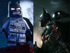 Illustration promotionnelle pour Lego Batman : Legacy of the Dark Knight à côté de l'illustration pour Batman : Arkham Knight