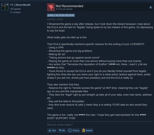 L'avis négatif sur Subnautica 2 Steam est affiché