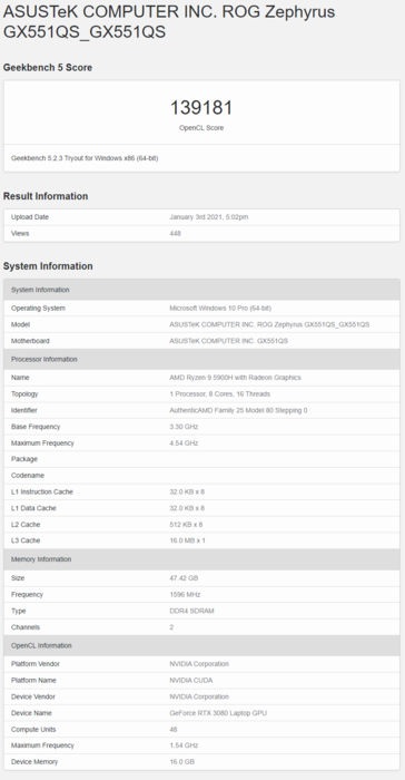 Asus ROG Zephyrus Duo GX551QS avec Ryzen 9 5900H et RTX 3080 Mobile sur Geekbench. (Source : Geekbench)