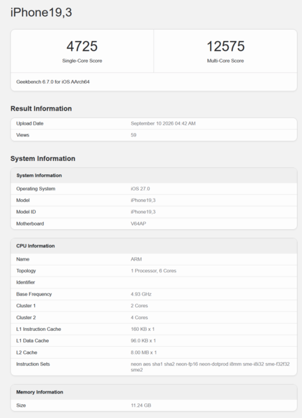 Processeur Apple A20 Pro Geekbench 6.7