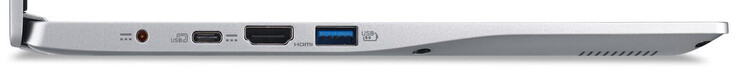 Côté gauche : entrée secteur, USB 3.2 Gen 2 (C, DisplayPort, charge), HDMI, USB A 3.2 Gen 1.