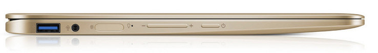 Côté gauche : USB 3.1 Gen 1 (tpye A), combo audio, lecteur d'empreintes, boutons de folume, bouton marche / arrêt.
