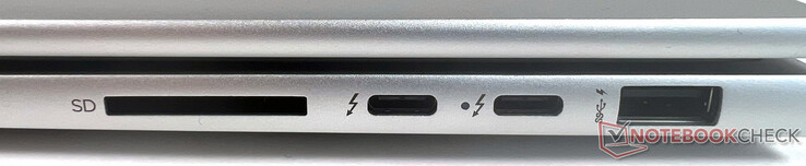À droite : 1x SuperSpeed USB Type-A 10 Gbit/s, 2x Thunderbolt 4 avec taux de transfert USB 4 Type-C 40 Gbit/s (alimentation USB, DisplayPort 1.4, HP Sleep and Charge), 1x lecteur de carte SD