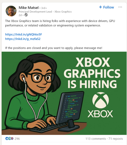 Annonce de Mike Matsel sur LinkedIn pour un poste de graphiste Xbox (Source de l'image : compte LinkedIn de Mike Matsel)