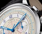 Gros plan sur le cadran crème du chronographe Timex Marlin Neo Classic, doté d’aiguilles bleues et de chiffres arabes, de repères tachymétriques rouges et d’une échelle télémétrique bleue sur le pourtour.