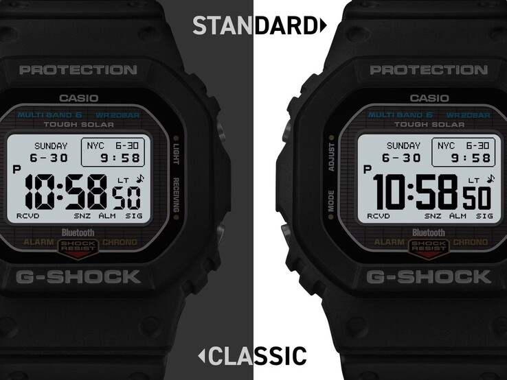 Comparaison détaillée des deux styles d’affichage MIP de la GW-BX5600, montrant la police « Standard » à droite et la police « Classique » de type 7 segments à gauche.