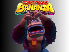 Un Donkey Kong aggravé photographié sous le logo de Donkey Kong Bananza (Image source : Nintendo of America with edits)