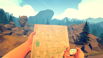 Image du jeu Firewatch montrant une carte et une boussole. (Source de l'image : Steam)