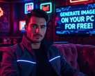 Image générée par l'IA d'un homme vêtu d'une veste cyberpunk éclairée au néon, assis sur un canapé dans un club chic. Derrière lui, un téléviseur indique : "GÉNÉREZ DES IMAGES SUR VOTRE PC GRATUITEMENT" (Source de l'image : AI Generated)