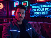 Image générée par l'IA d'un homme vêtu d'une veste cyberpunk éclairée au néon, assis sur un canapé dans un club chic. Derrière lui, un téléviseur indique : "GÉNÉREZ DES IMAGES SUR VOTRE PC GRATUITEMENT" (Source de l'image : AI Generated)