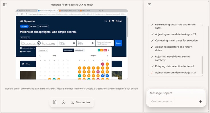 L'IA qui alimente le mode Copilote pour Edge a encore besoin d'être améliorée, car elle n'a pas pu sélectionner une plage de dates lors de la recherche de vols disponibles au cours d'un bref test. (Source de l'image : Notebookcheck)