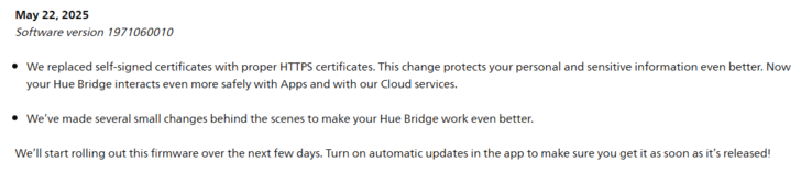 Les notes de mise à jour de la version logicielle de Philips Hue Bridge 1971060010. (Source de l'image : Philips)