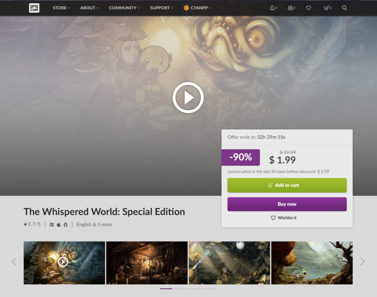 The Whispered World : Special Edition est actuellement à 1,99 $, mais si l'on en croit la fuite, il sera gratuit à partir de 15 heures CET le 12 décembre. (Source de l'image : GOG)