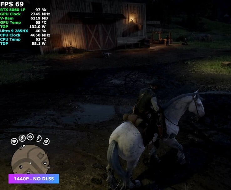 Red Dead Redemption 2 tournant à 1440p sans DLSS sur le Minisforum MS-02 Ultra avec un GPU RTX 5060 low-profile (Image source : YouTube/ETA Prime)