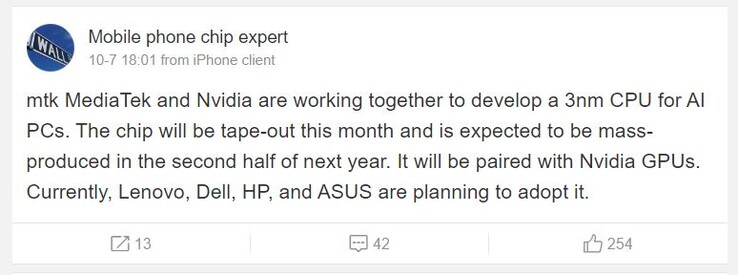 L'utilisateur de Weibo affirme que Nvidia et MediaTek vont bientôt s'inviter à la fête des processeurs de bureau. (Source de l'image : Mobile Chip Expert via Weibo)
