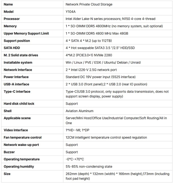 Caractéristiques techniques complètes du NAS MaiYunda Y104A (Image source : Alibaba)