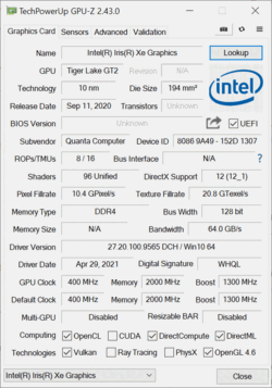 GPU-Z : Intel Iris Xe Graphics G7 (96 UEs)