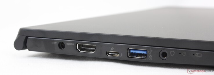 A gauche : adaptateur secteur, HDMI 2.0, USB-C avec Thunderbolt 4 + DisplayPort + Power Delivery, USB Type-A USB 3.2 Gen. 1, 3.5 mm combo audio