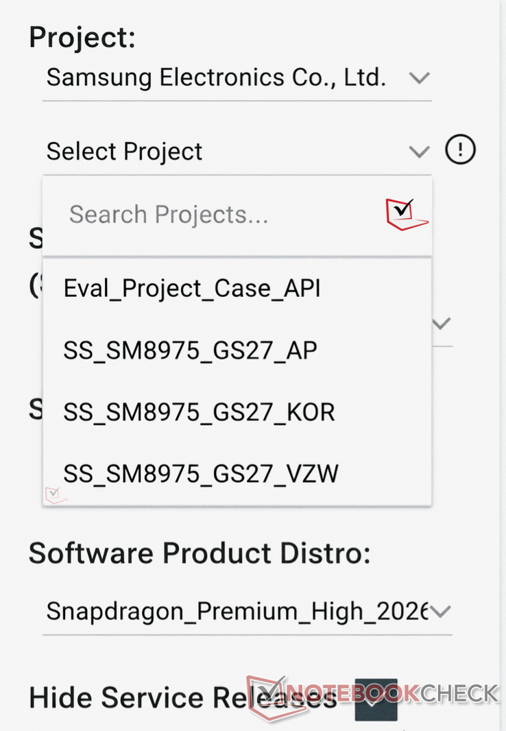 La liste des projets Samsung indiquant les régions où le SM8975 est actuellement en phase de test