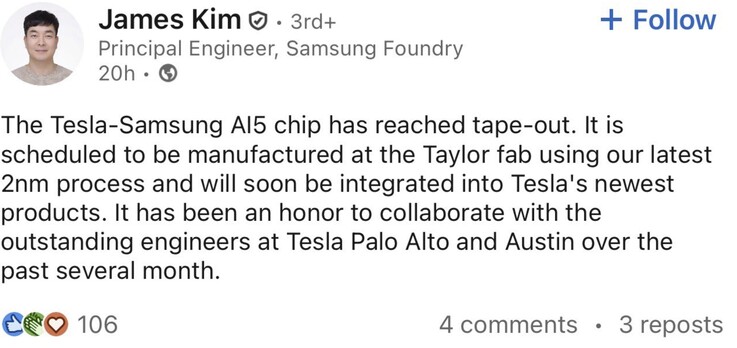 Puce Samsung Tesla AI5