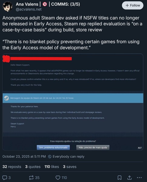 Réponse de Steam à une demande d'accès anticipé à un jeu pour adultes (capture d'écran, compte Ana Valens Bluesky)