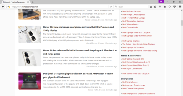 Navigation sur Notebookcheck.net via Firefox 48 sur Windows 10 (Source de l'image : capture d'écran)