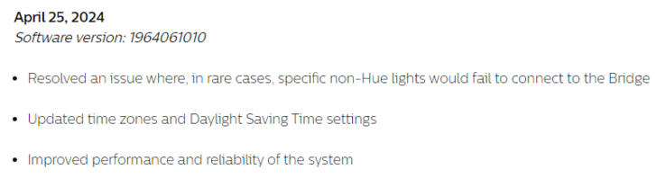 Les notes de mise à jour de la version logicielle 1964061010 pour le pont Philips Hue. (Source de l'image : Philips Hue)