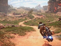 Une image montrant Kay Vess sur son speeder dans Star Wars Outlaws.