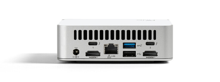 Arrière : connexion d'alimentation, 2x Thunderbolt 4, 1x USB 3.1, 1x USB 2.0, LAN 2,5G, 2x HDMI 2.1 (source d'image : Intel)