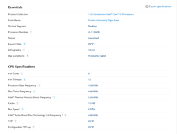 Fiche technique du Intel Core i5-11500B (image via Intel)