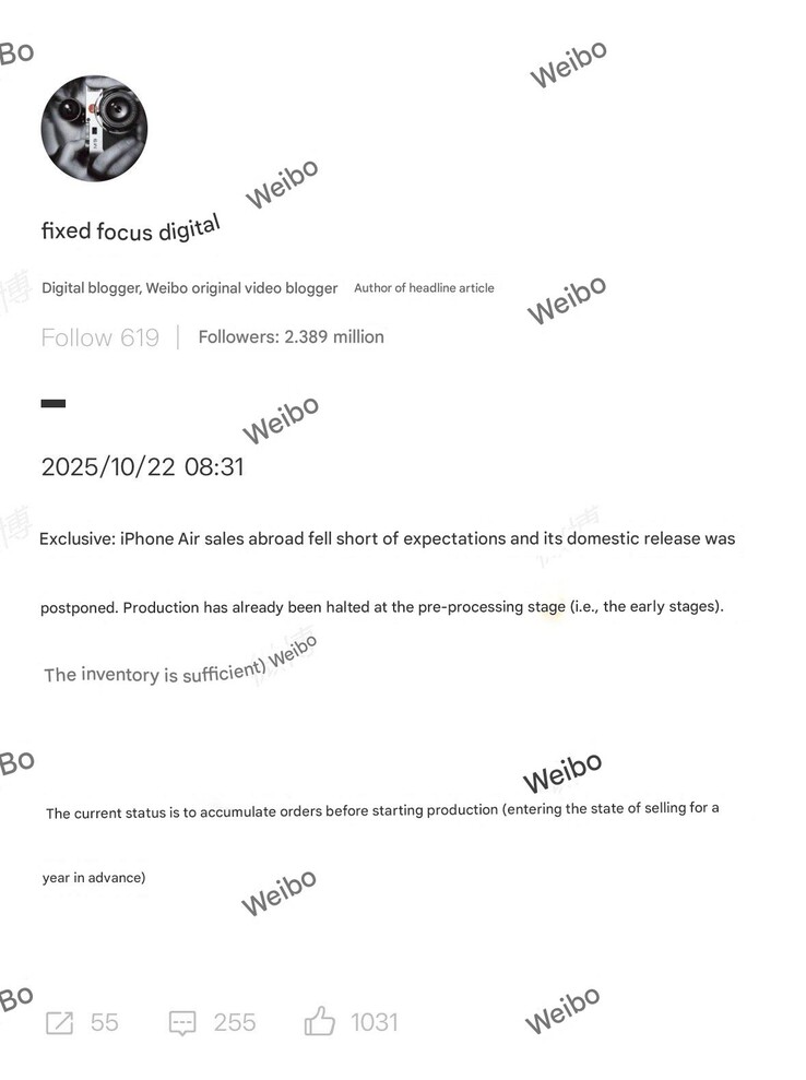 La demande d'IPhone Air n'a pas été à la hauteur des attentes en dehors de la Chine. (Source de l'image : Weibo)