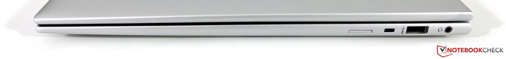 A droite : Fente Nano-SIM (en option pour les modèles WWAN), fente de sécurité Kensington Nano, USB-A 3.2 Gen.1 (5 GBit/s, alimenté), stéréo 3.5 mm