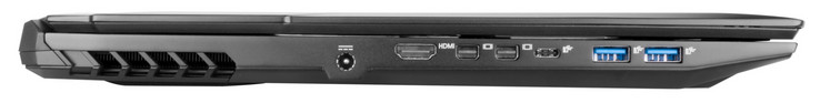 Côté gauche : entrée secteur, HDMI, 2 mini DisplayPort, USB C 3.0, 2 USB A 3.0.