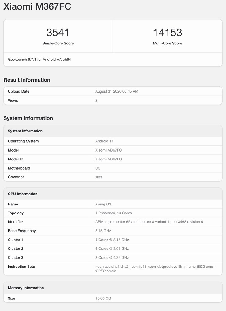 Fiche Geekbench du présumé Xiaomi Pad 9 Pro Max.