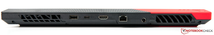Arrière : Ouvertures d'aération, 1x USB-A 3.0, USB-C 3.1 avec DisplayPort et Power Delivery, HDMI 2.0b, Gigabit LAN, alimentation, ouvertures d'aération