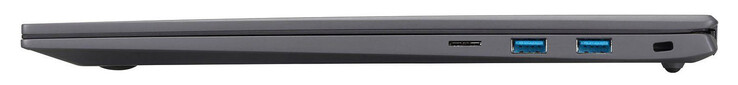 Côté droit : lecteur de carte de stockage (microSD), 2x USB 3.2 Gen 2 (USB-A), emplacement pour un câble de verrouillage