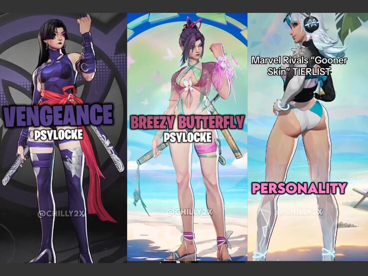Quelques-uns des skins concernés par les allégations. (Source : CHILLY2X/TikTok)