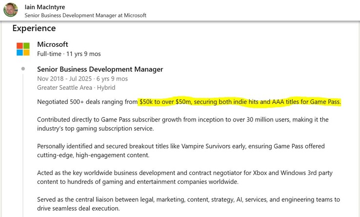 Les jeux tiers du Xbox Game Pass coûtent cher à mettre sur le service. (Source de l'image : LinkedIn)